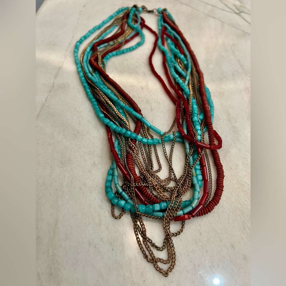 Showstopper Beaded Necklace Turquoise, Gold, Deep Red